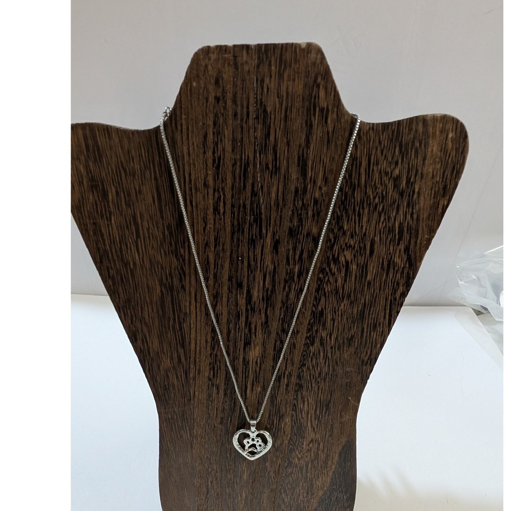 Silver Tone Heart Paw Print Pendant Necklace Rhinestone Pet Lover Jewelry 18in